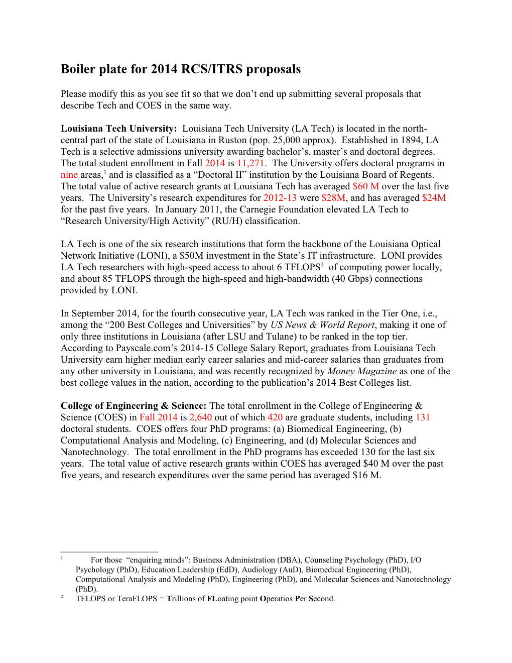 Boiler Plate for RCS/ITRS/ENH Proposals