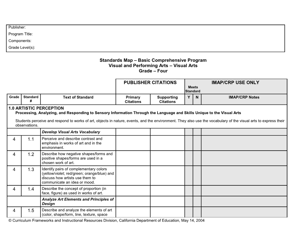 Grade Four Visual Art Standards Map - Instructional Materials (CA Dept of Education)