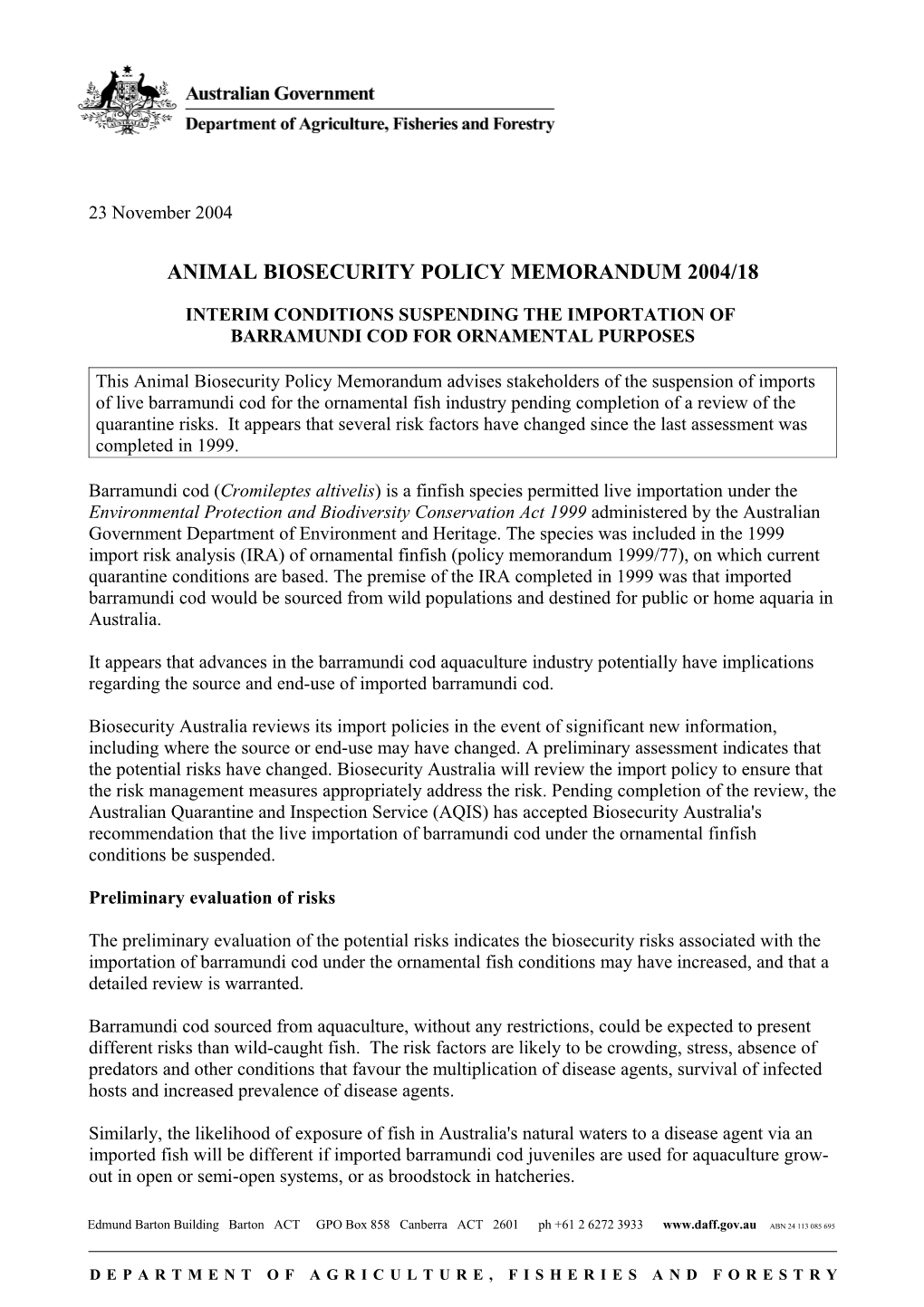 Animal Biosecurity Policy Memorandum 2004/18