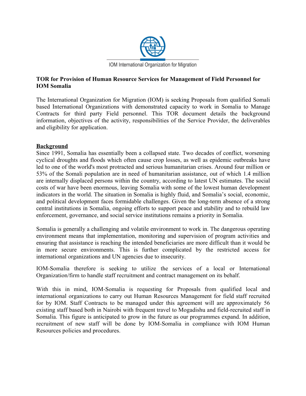 TOR for Provision of Human Resource Services for Management of Field Personnel for IOM Somalia