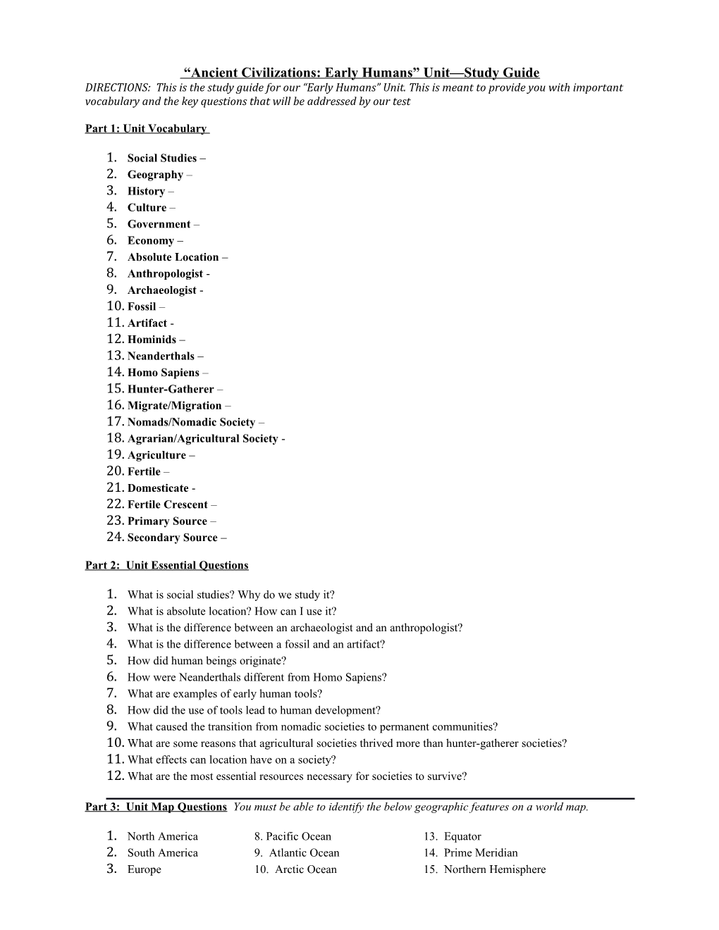 Ancient Civilizations: Early Humans Unit Study Guide