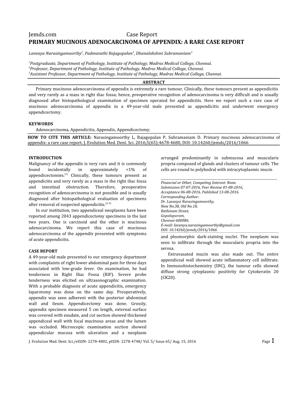 Primary Mucinous Adenocarcinoma of Appendix: a Rare Case Report