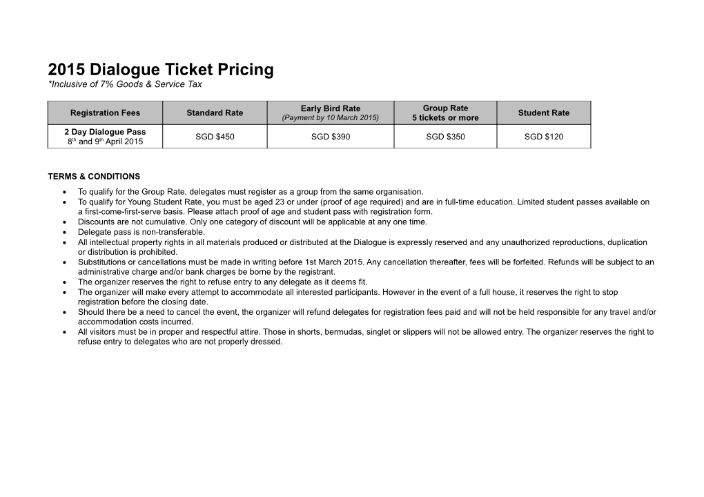 2015 Dialogue Ticket Pricing