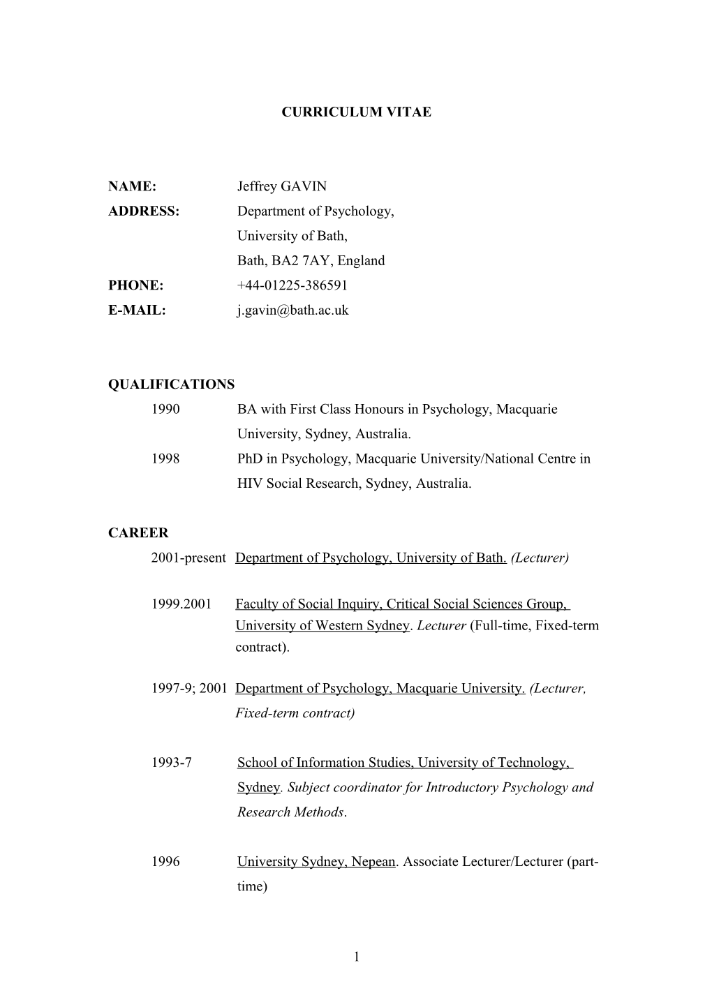 Jeffrey Gavin Curriculum Vitae