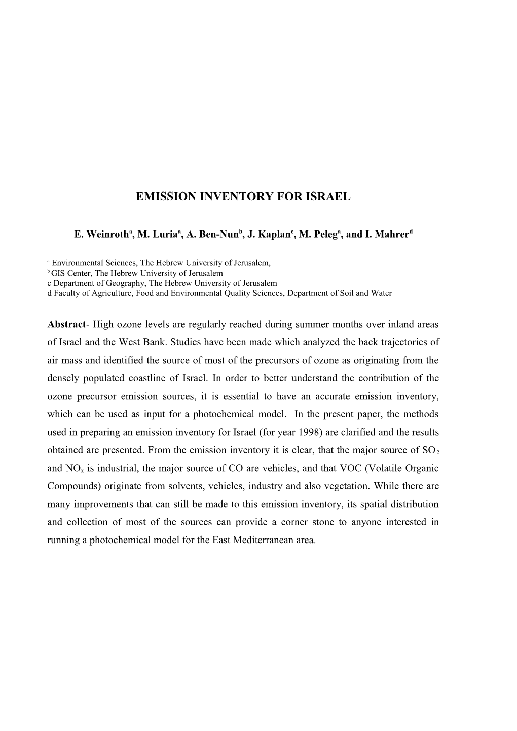 Emission Inventory for Israel