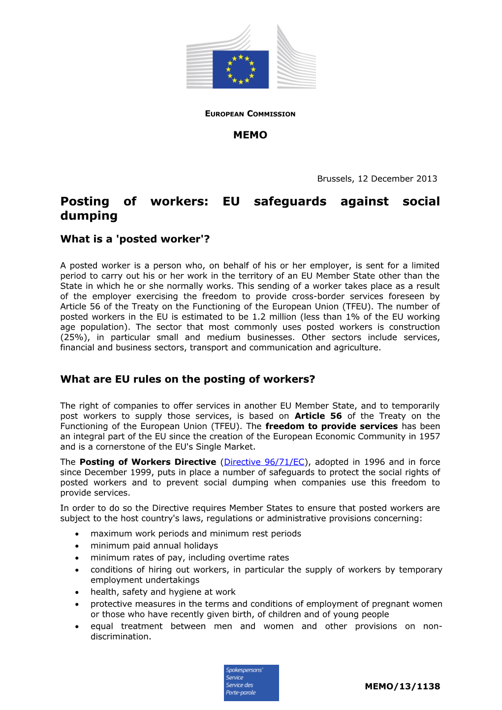 Posting of Workers: EU Safeguards Against Social Dumping