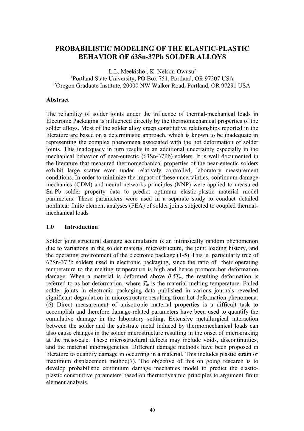 PROBABILISTIC MODELING of the ELASTIC-PLASTIC BEHAVIOR of 63Sn-37Pb SOLDER ALLOYS