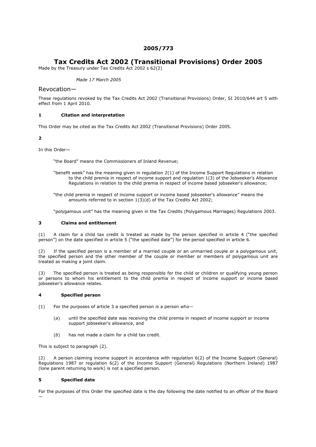 Tax Credits Act 2002 (Transitional Provisions) Order 2005