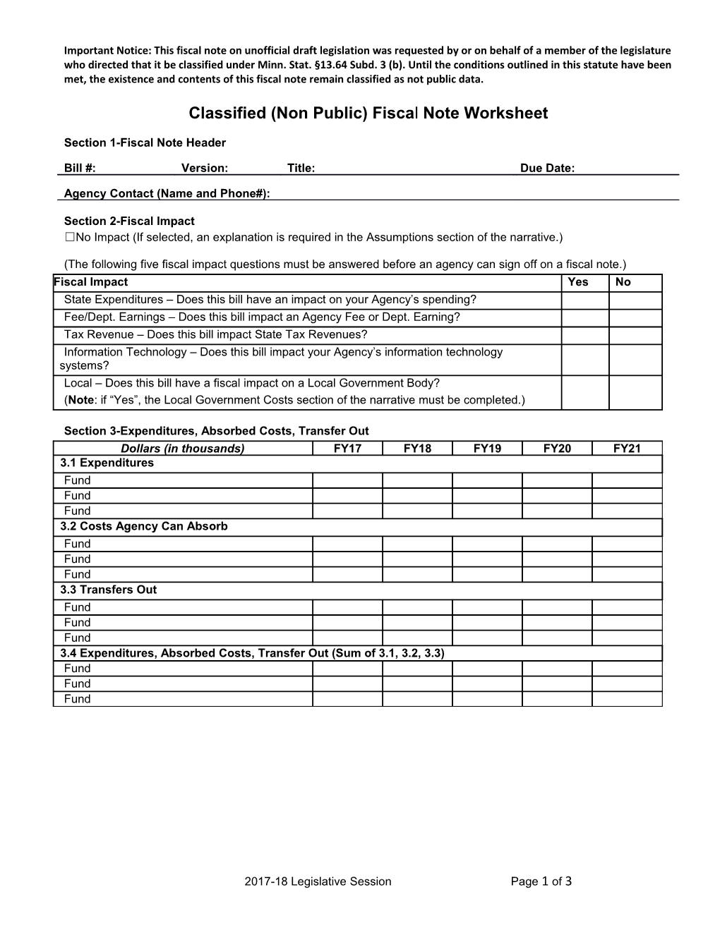 Fiscal Note Request Worksheet