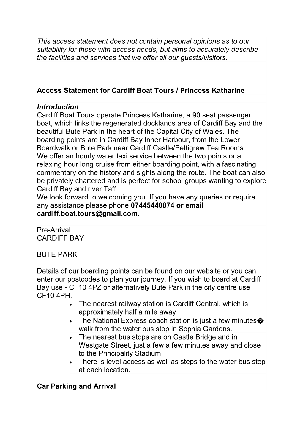 Access Statement for Cardiff Boat Tours / Princess Katharine