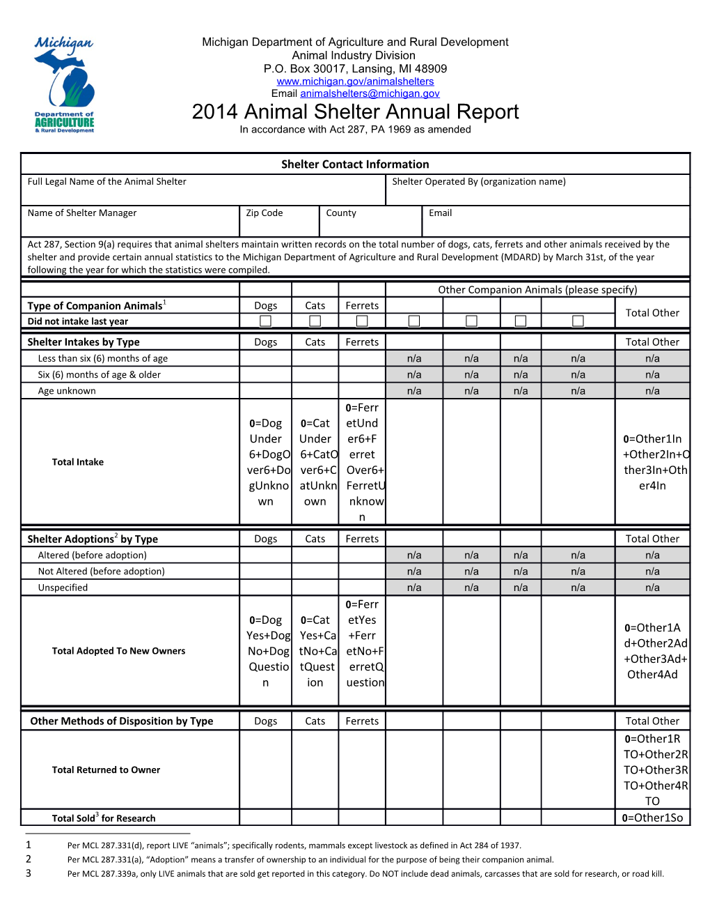 1 Per MCL 287.331(D), Report LIVE Animals ; Specifically Rodents, Mammals Except Livestock