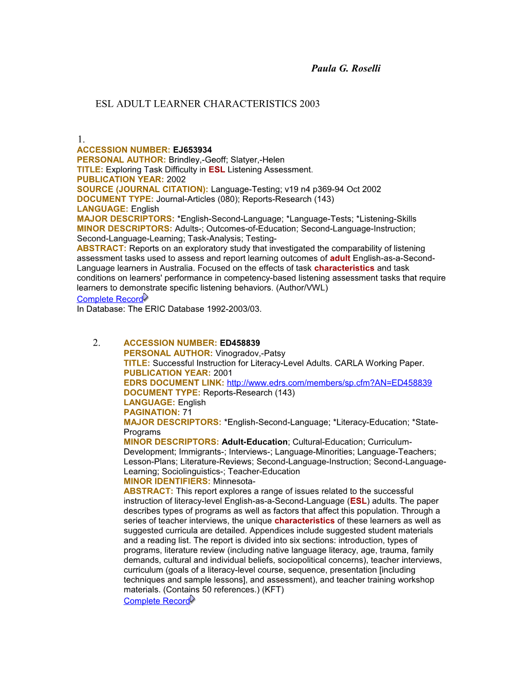 Esl Adult Learner Characteristics 2003