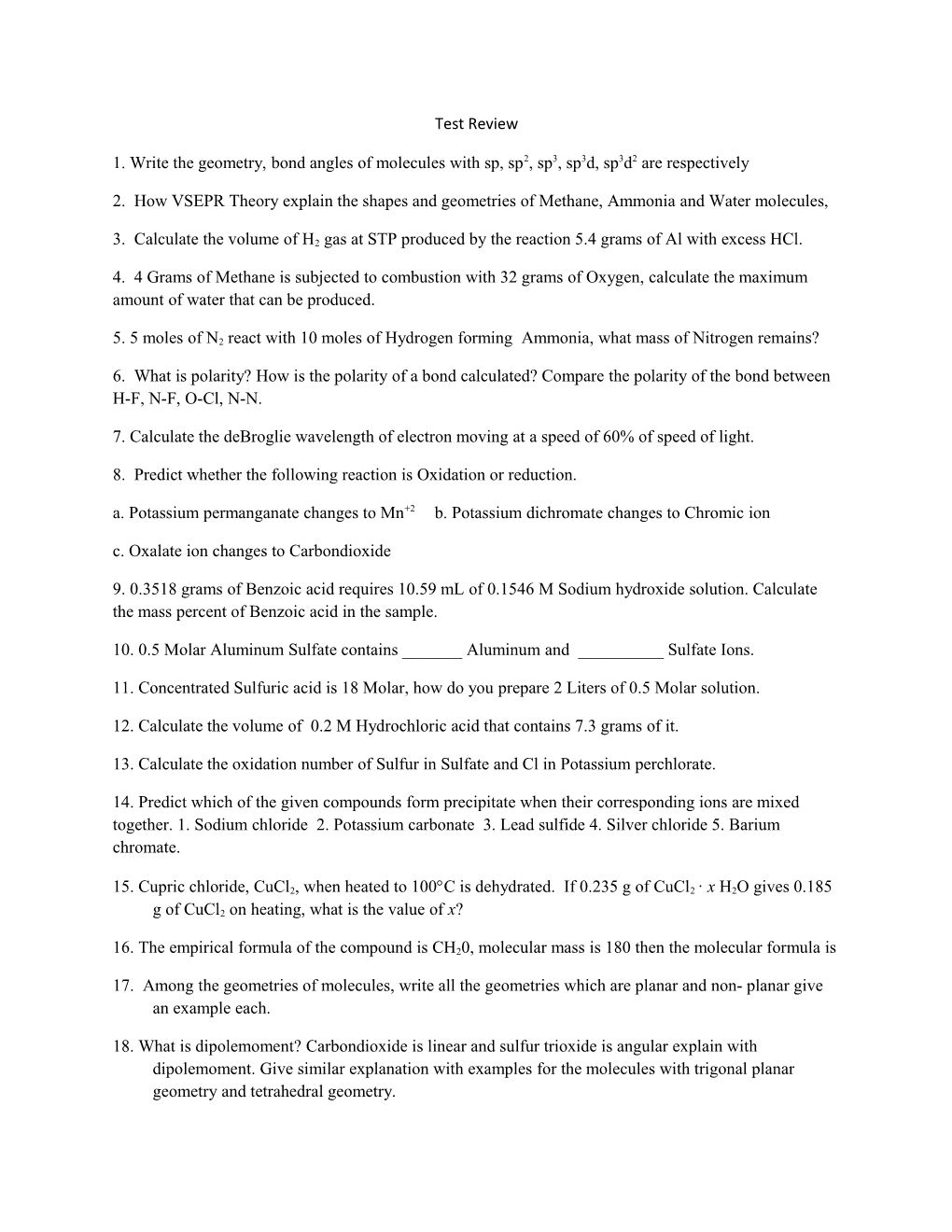 1. Write the Geometry, Bond Angles of Molecules with Sp, Sp2, Sp3, Sp3d, Sp3d2 Are Respectively