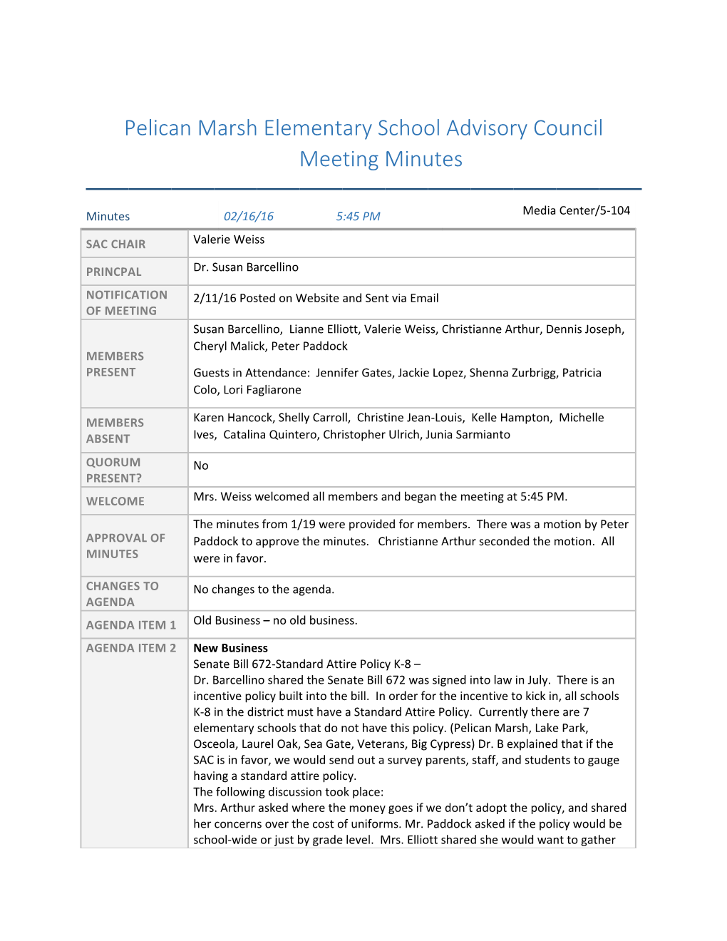 Pelican Marsh Elementary School Advisory Council Meeting Minutes