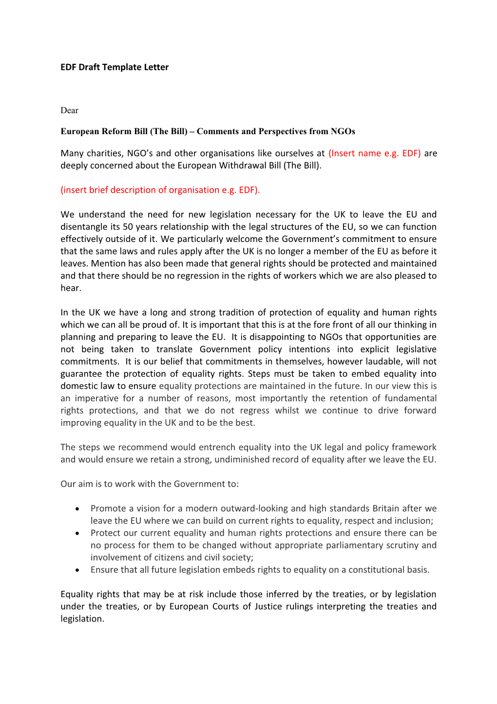 EDF Draft Template Letter