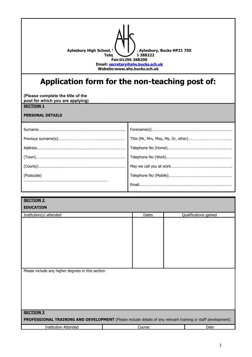 Application Form for Thenon-Teaching Post Of