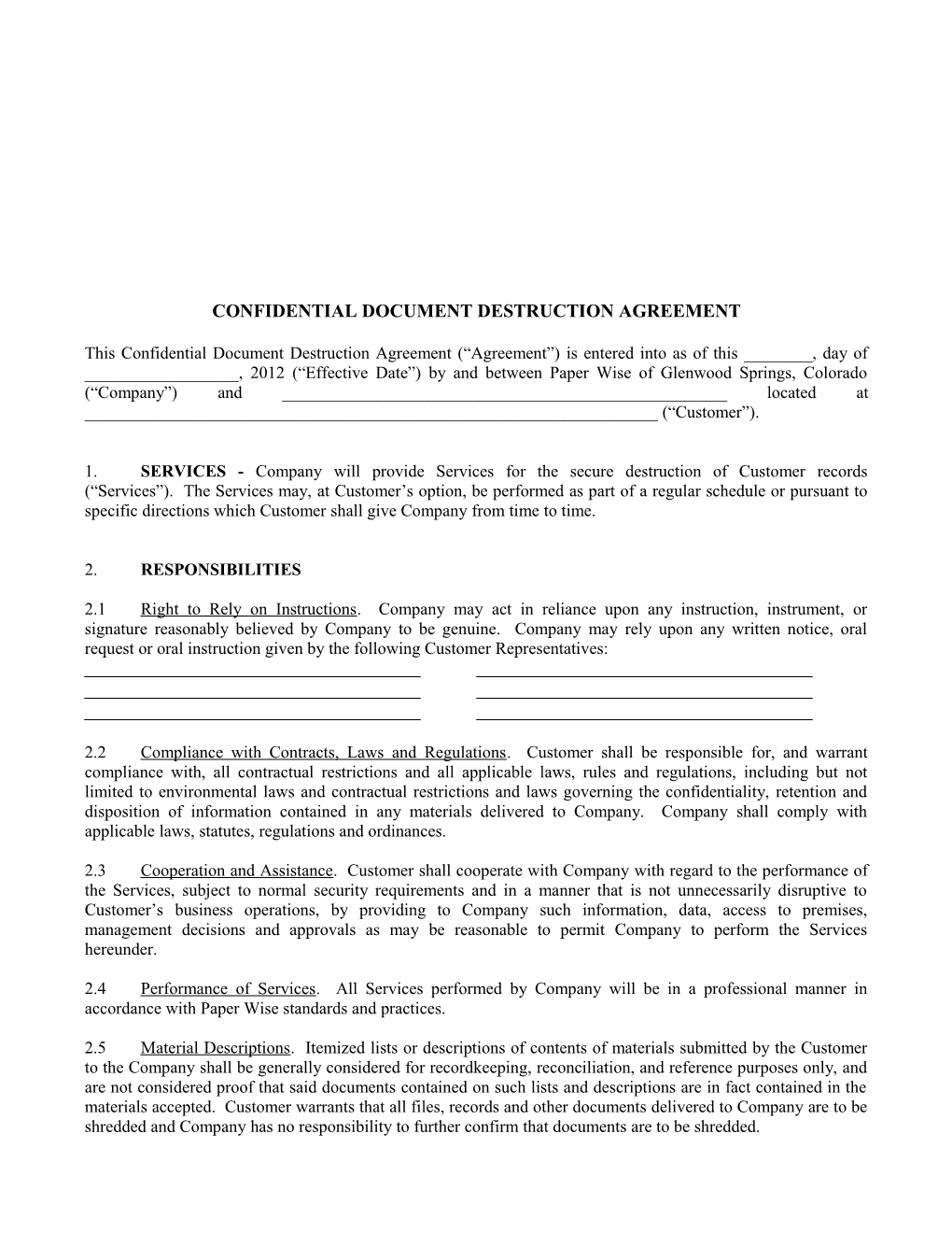 Confidential Document Destruction Agreement