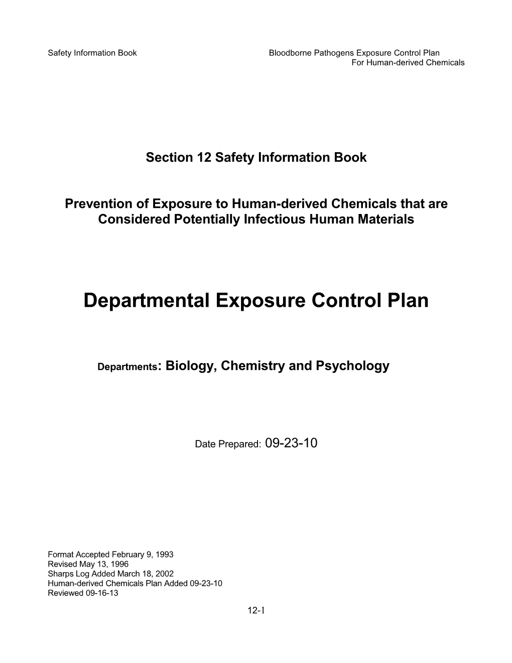 Safety Information Book Bloodborne Pathogens Exposure Control Plan
