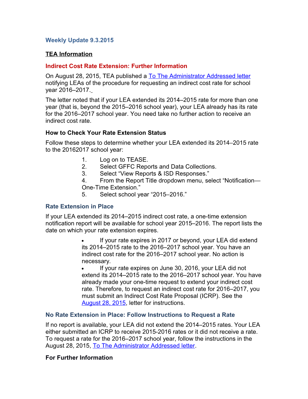 Indirect Cost Rate Extension: Further Information