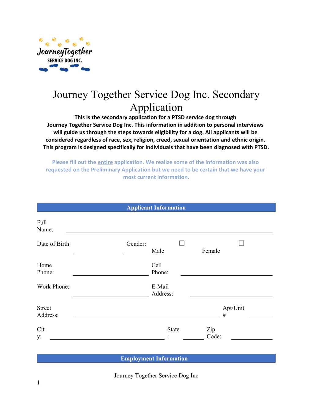 Journey Together Service Dog Inc. Secondary Application