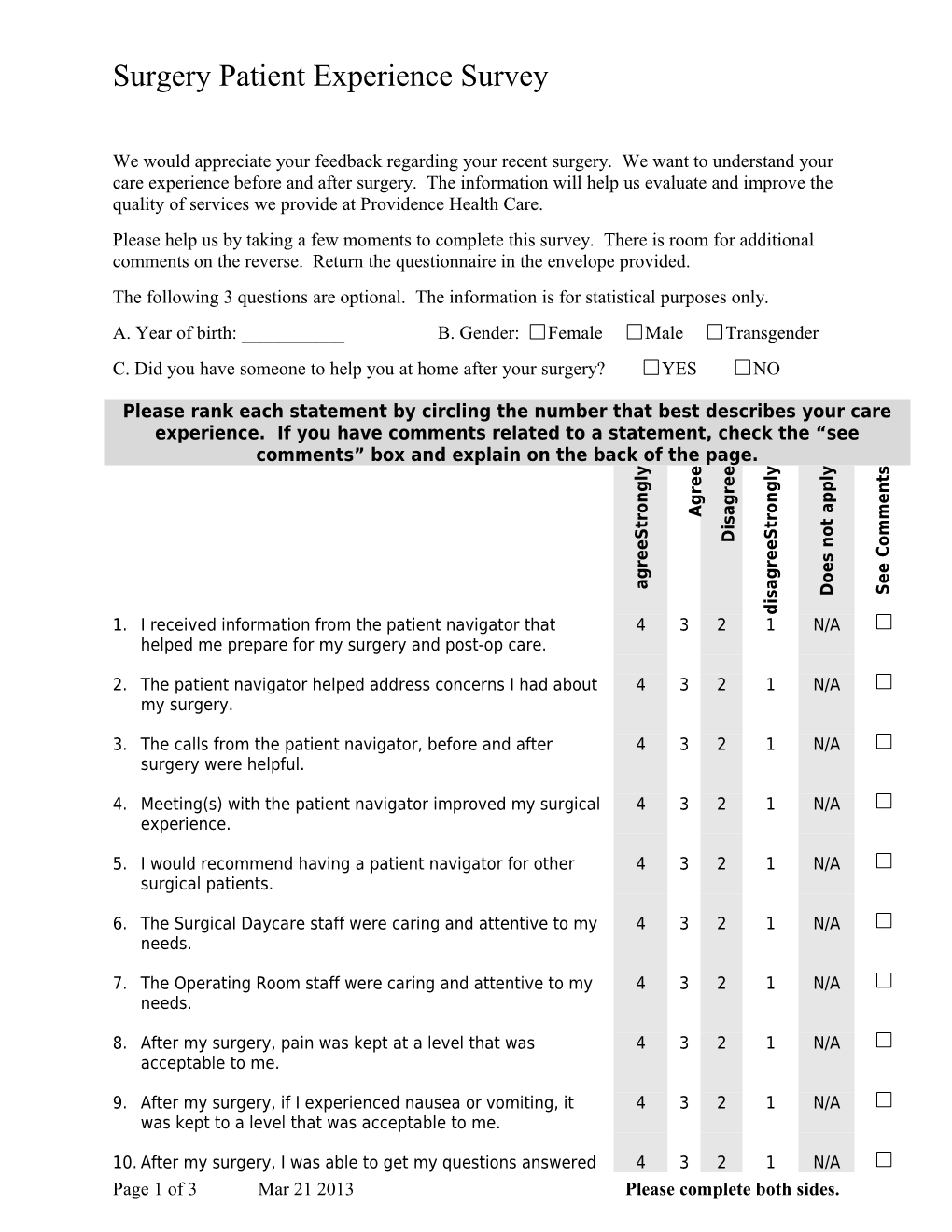 ERAS Patient Satisfaction Survey