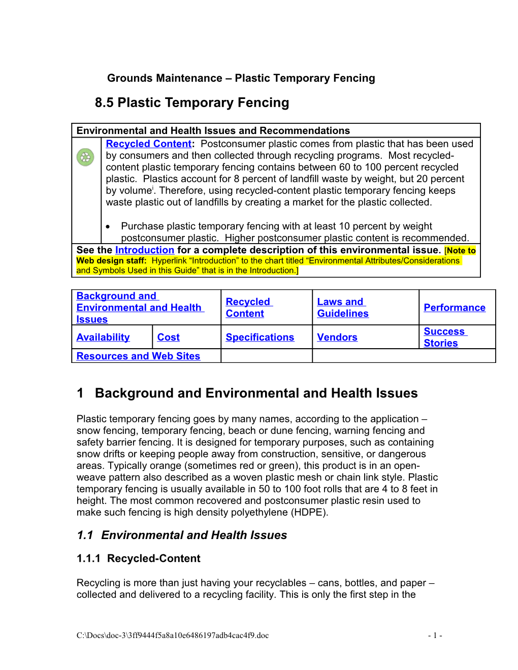 Plastic Temporary Fencing Section of the Environmentally Preferable Purchasing Best Practices