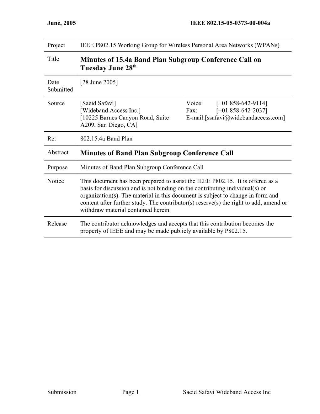 Minutes of 15.4A Band Plan Subgroup Conference Call on Tuesday June 28Th