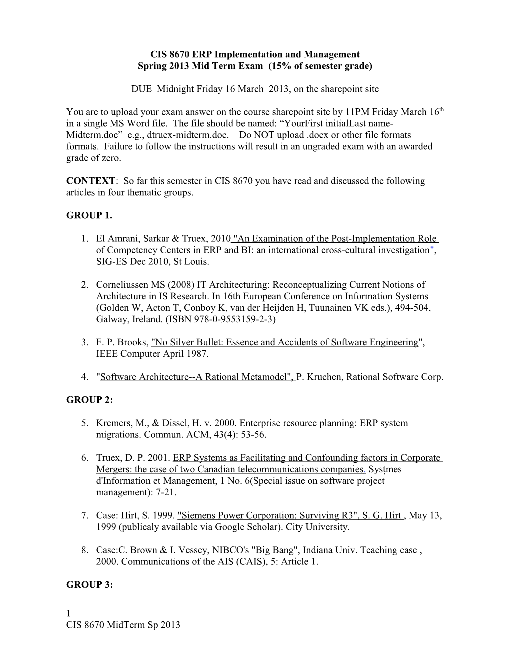 CIS 8670 ERP Implementation and Management