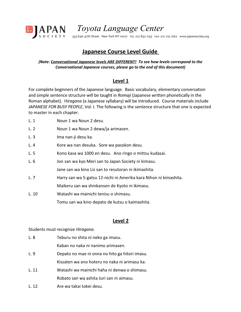 Japanese Course Level Guide