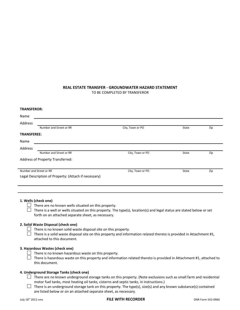 Real Estate Transfer - Groundwater Hazard Statement