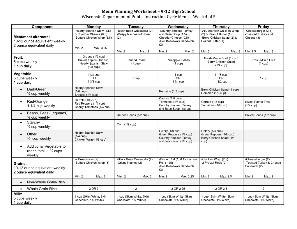 Menu Planning Worksheet - Grades K-5