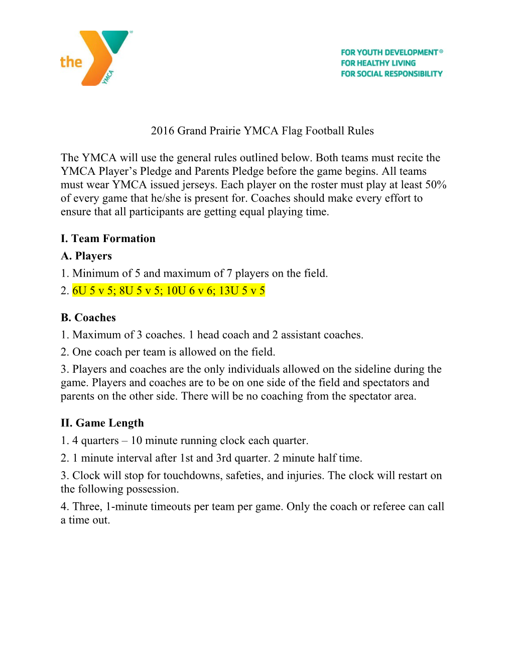 2016 Grand Prairie YMCA Flag Football Rules