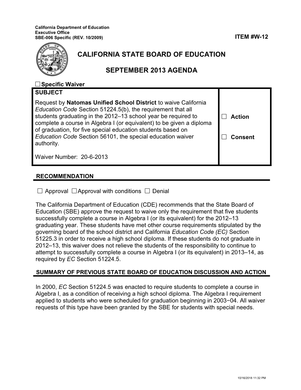 September 2013 Waiver Item W12 - Meeting Agendas (CA State Board of Education)