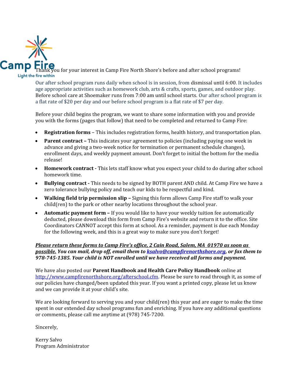 Thank You for Your Interest in Camp Fire North Shore S Before and After School Programs!