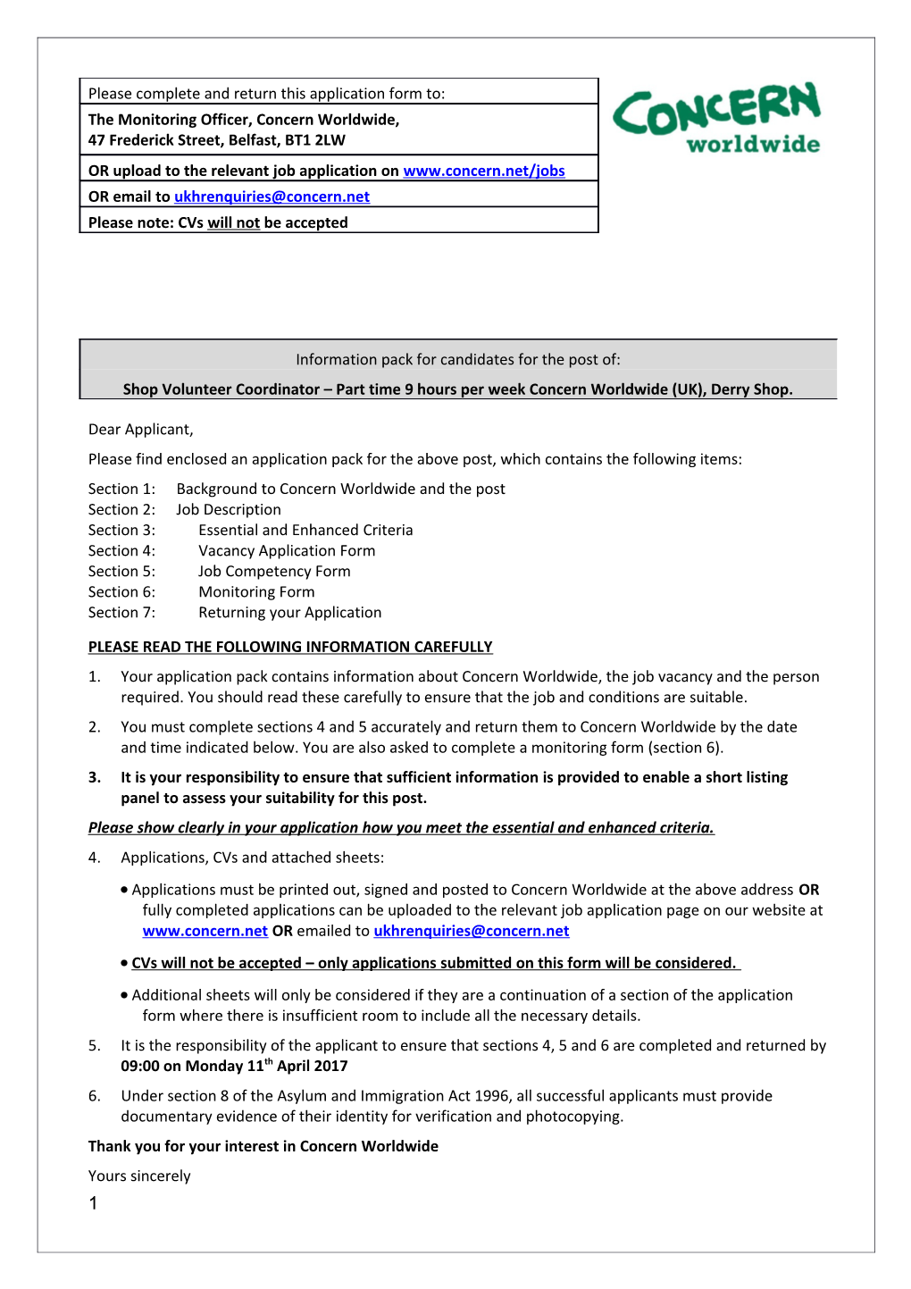 Section 1: Background to Concern Worldwide and the Post