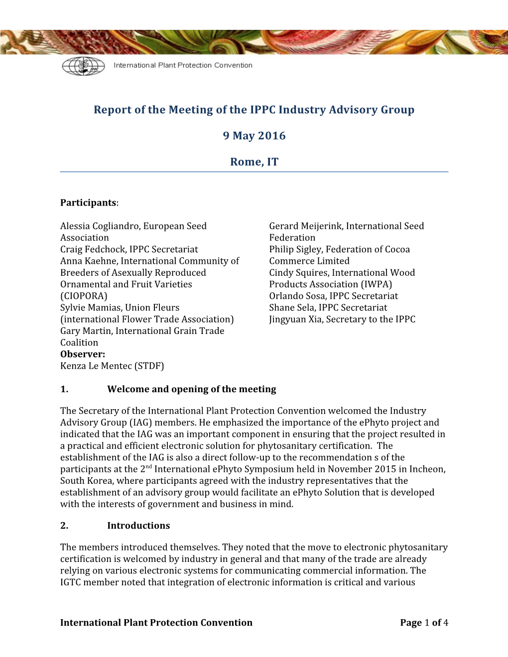 Report of the Meeting of the IPPC Industry Advisorygroup