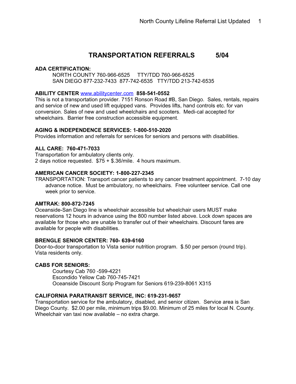 Northcounty Lifeline Referral List Updated