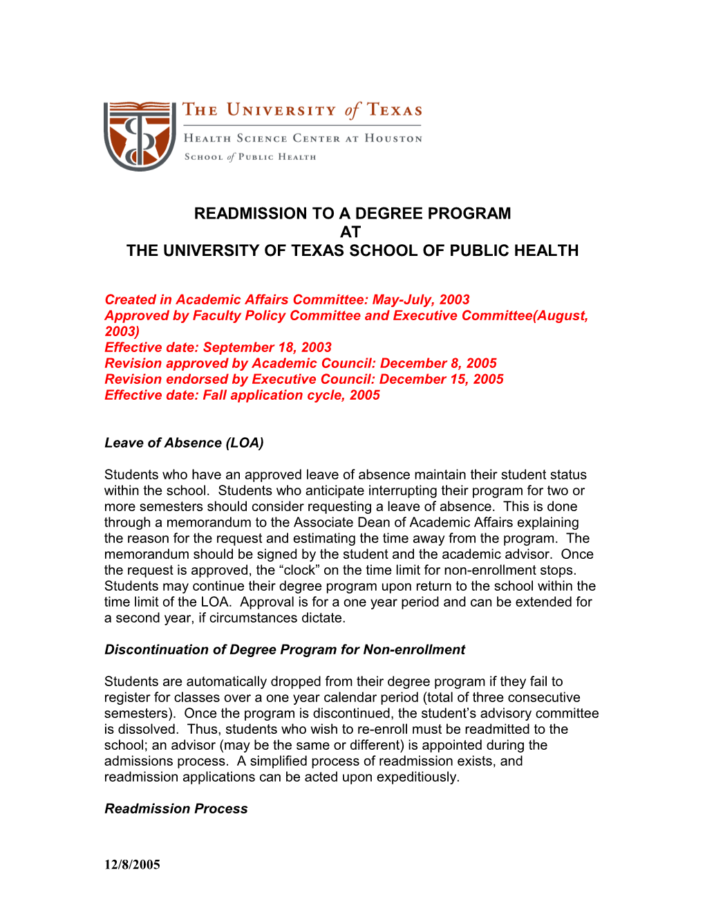 Readmission to a Degree Program at the University of Texas School of Public Health