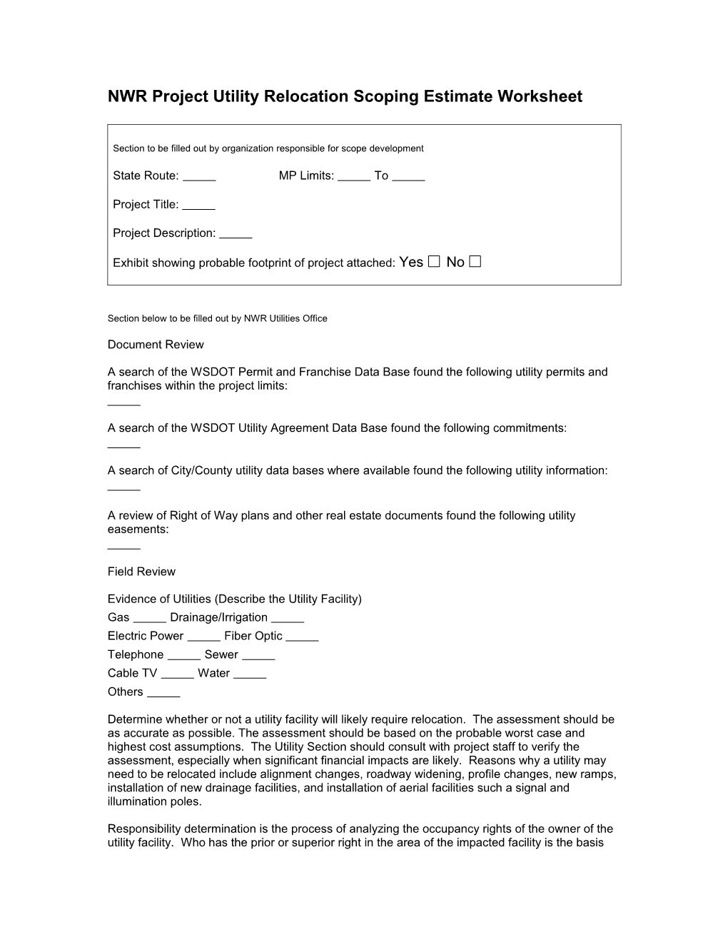 Project Utility Relocation Estimate Worksheet