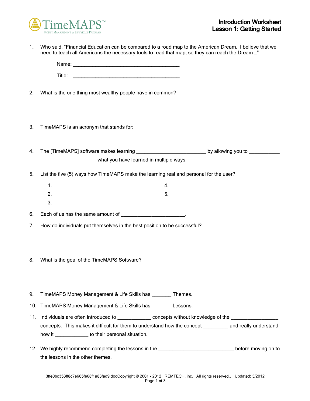 Timemaps Lesson 1.1 Worksheet Answer Key