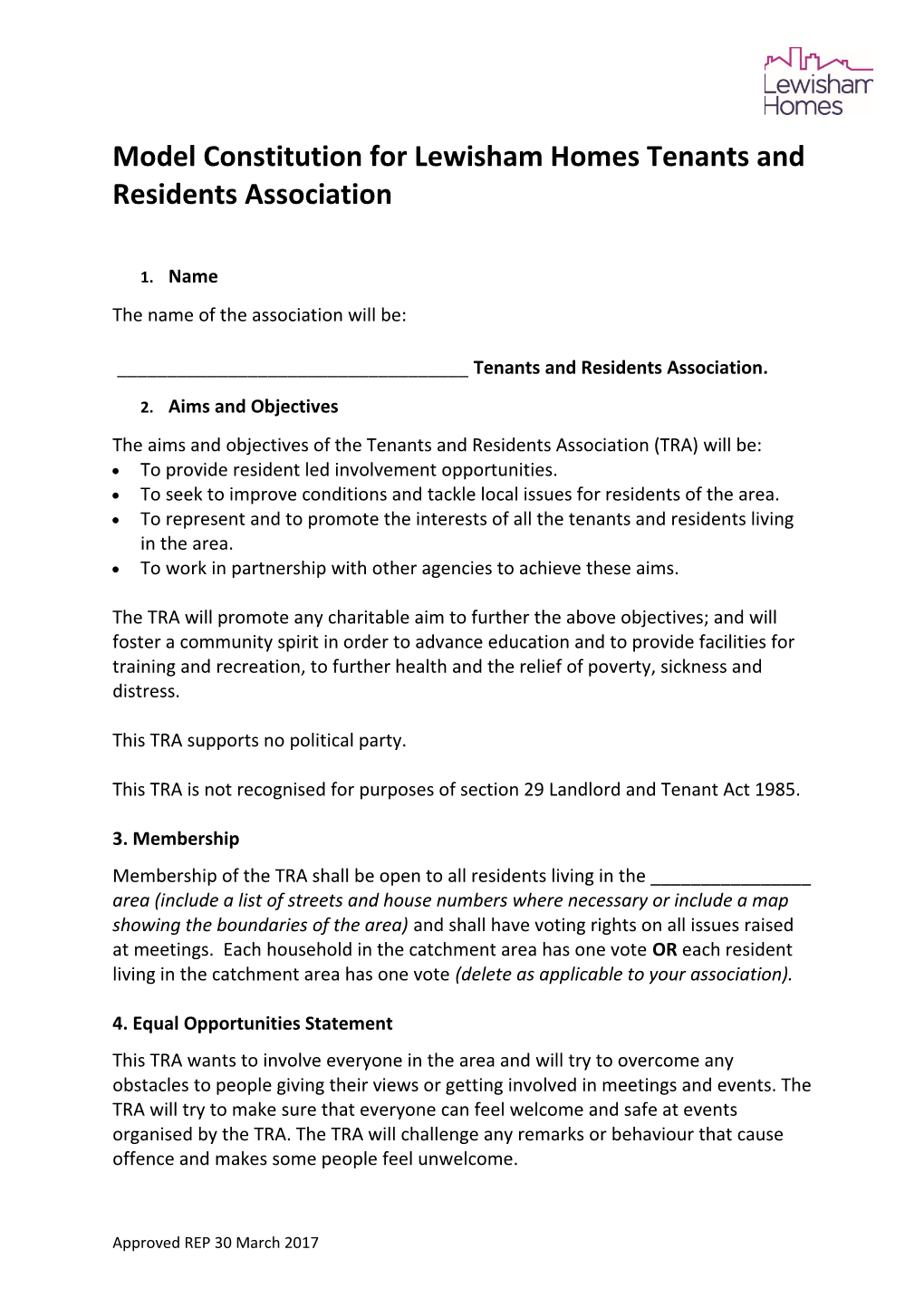 Model Constitution for Lewisham Homes Tenants and Residents Association