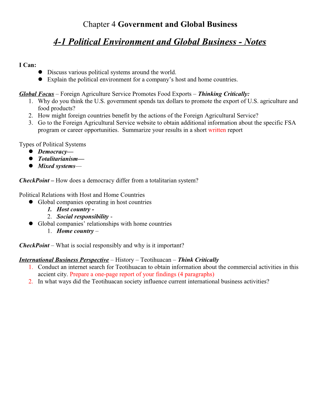 4-1 Political Environment and Global Business - Notes
