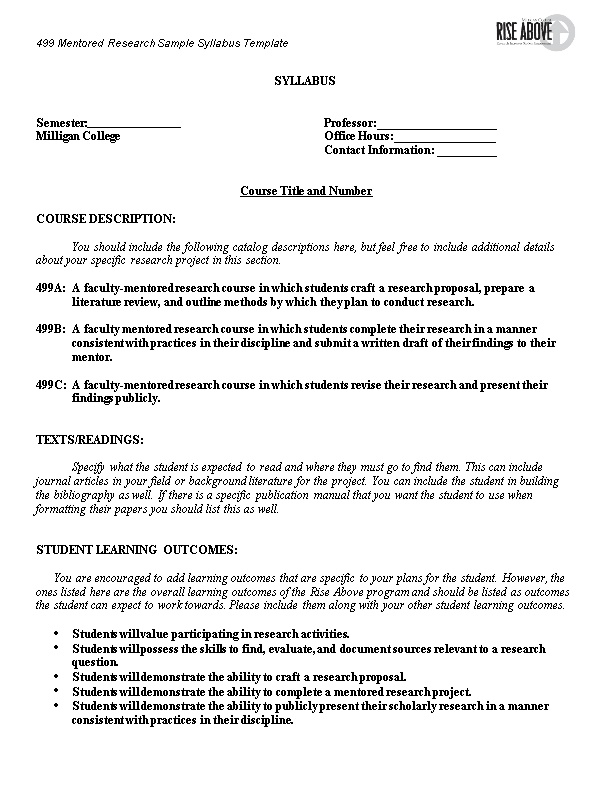 499 Mentored Research Sample Syllabus Template