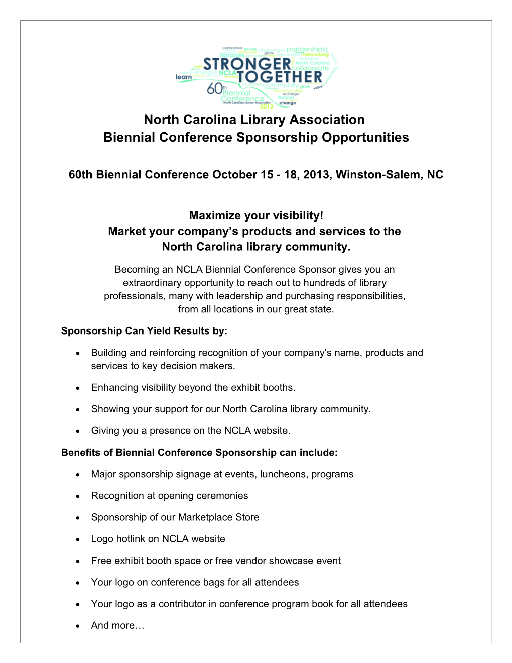 60Th Biennialconference October 15 - 18, 2013, Winston-Salem, NC