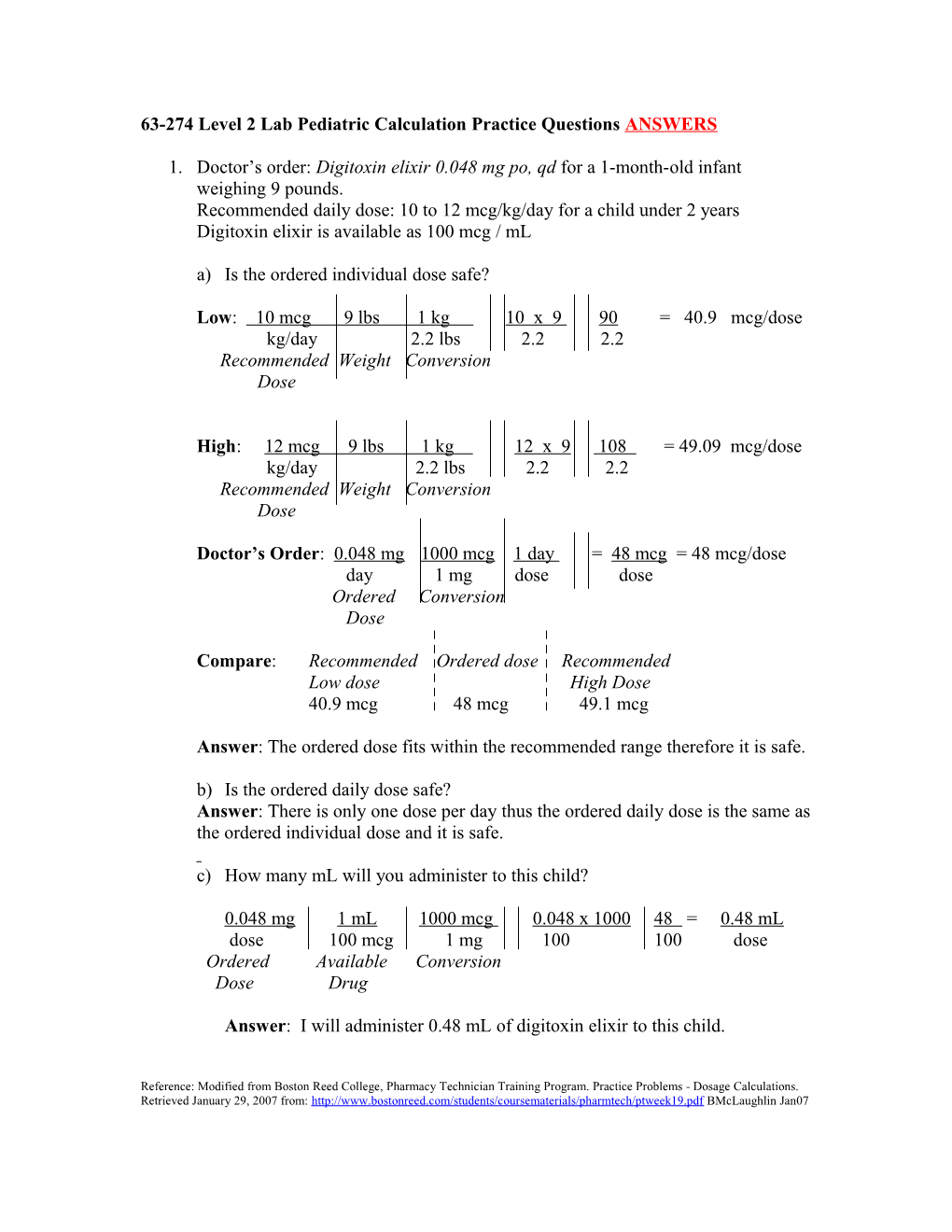 63-274 Level 2 Lab Pediatric Calculation Practice Questions ANSWERS