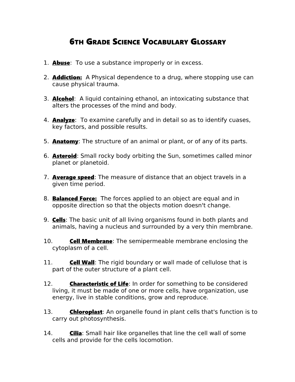 6Th Grade Science Vocabulary Glossary