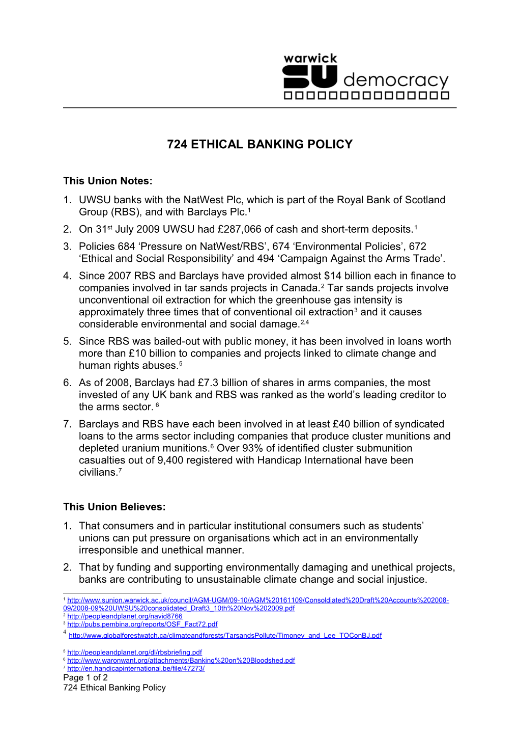 724 Ethical Banking Policy