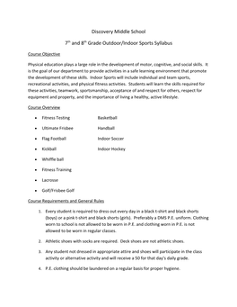 7Th and 8Th Grade Outdoor/Indoor Sports Syllabus