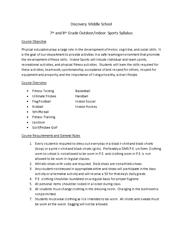 7Th and 8Th Grade Outdoor/Indoor Sports Syllabus