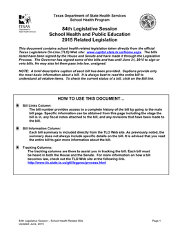 84Th Session School Health Related Legislation 6-9-2015 (Dead Bills Removed)